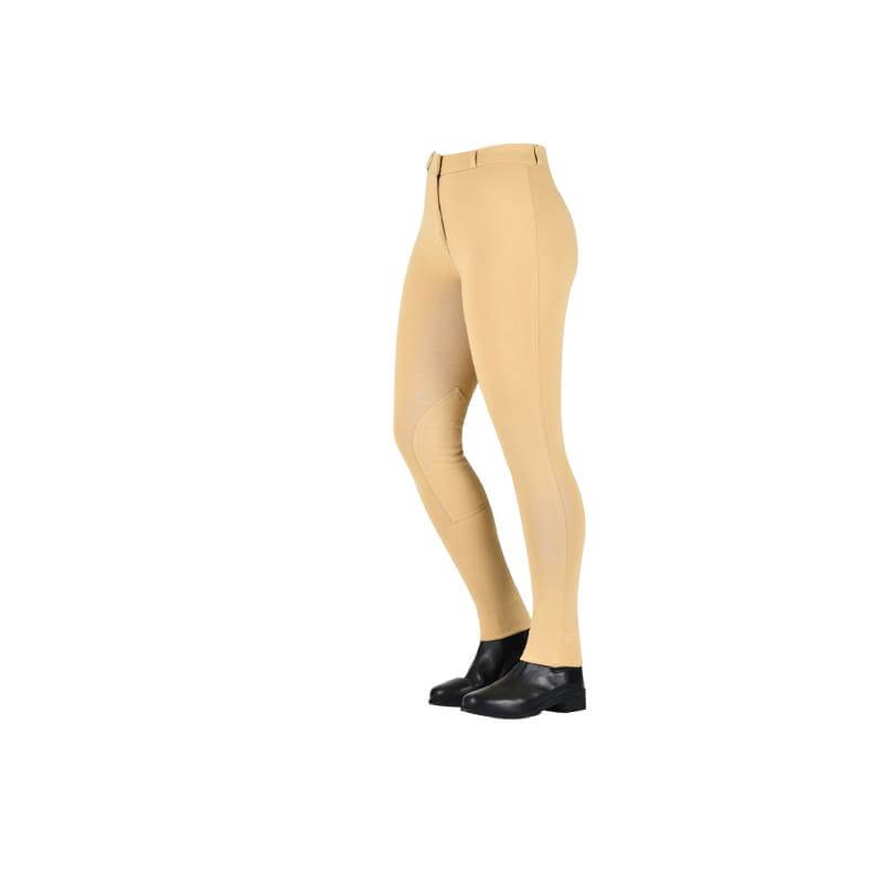 Saxon Warm Up Zip Front Jodhpurs Childs Beige with black boots on a white background.