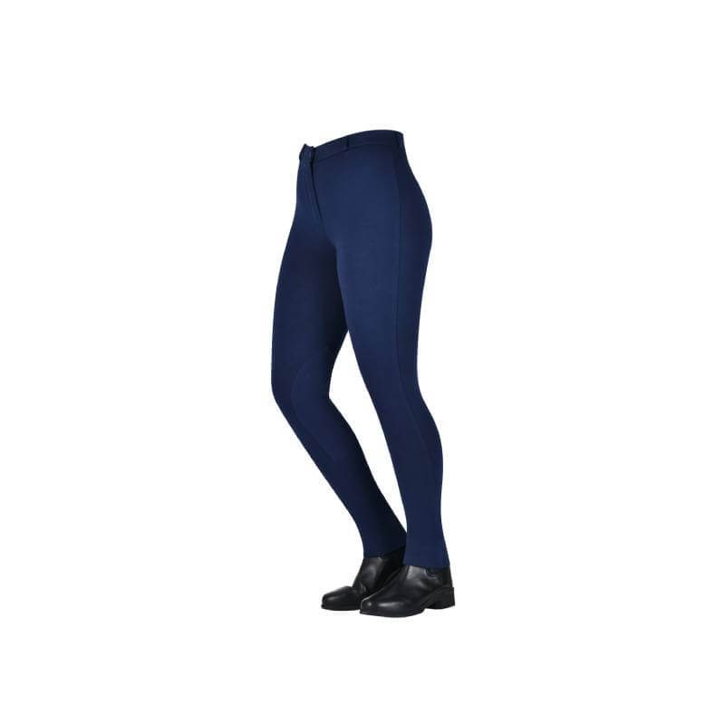 Saxon Warm Up Zip Front Jodhpurs Ladies Navy with black boots on a white background.