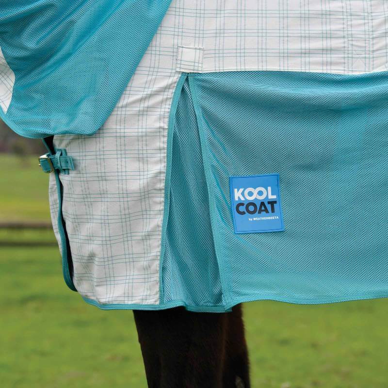 Close-up of a Weatherbeeta Kool Coat Cotton Airstream II Detach-A-Neck on a horse outdoors.