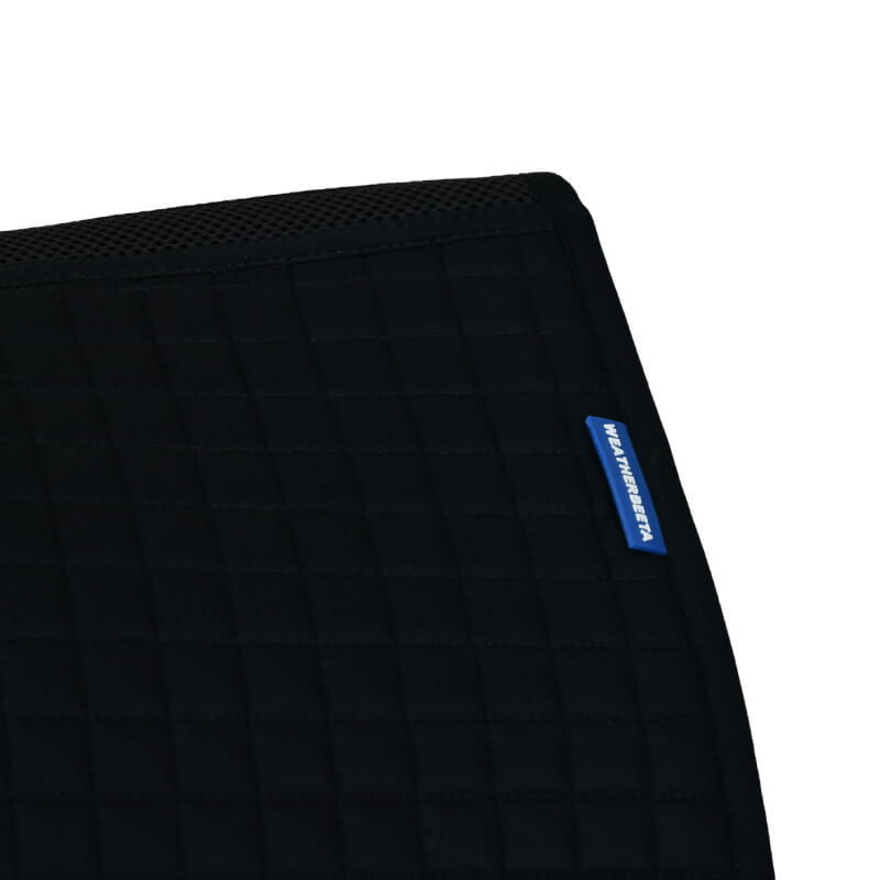 Weatherbeeta Prime Air-Tec black all purpose saddle pad with mesh trim and blue label.