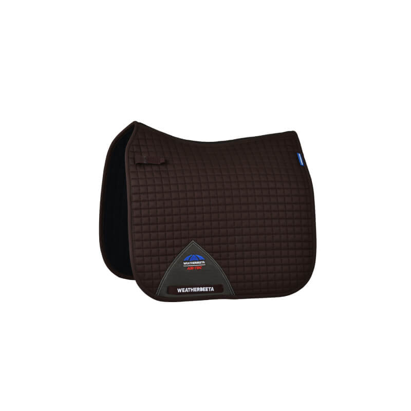 Weatherbeeta Prime Air-Tec Dressage Saddle Pad in Chocolate with small logo and label.