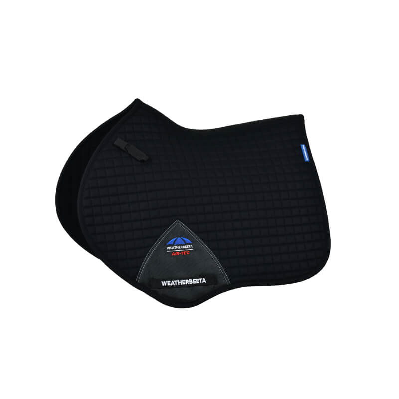 Black Weatherbeeta Prime Air-Tec jump shaped saddle pad with quilted design and logo patch.