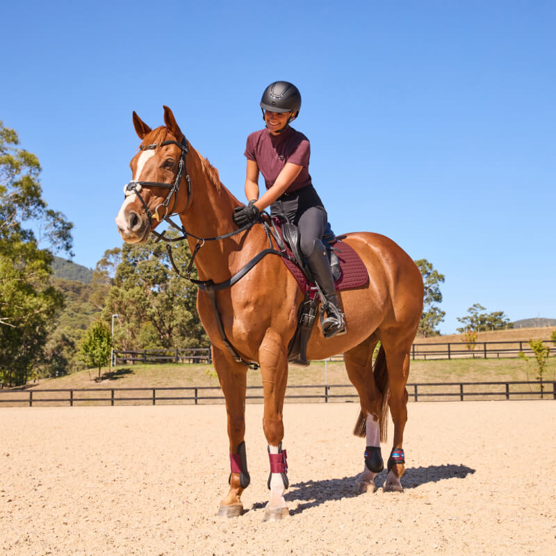 Rider sits on a brown horse with a Weatherbeeta Prime Air-Tec Jump Saddle Pad in burgundy.