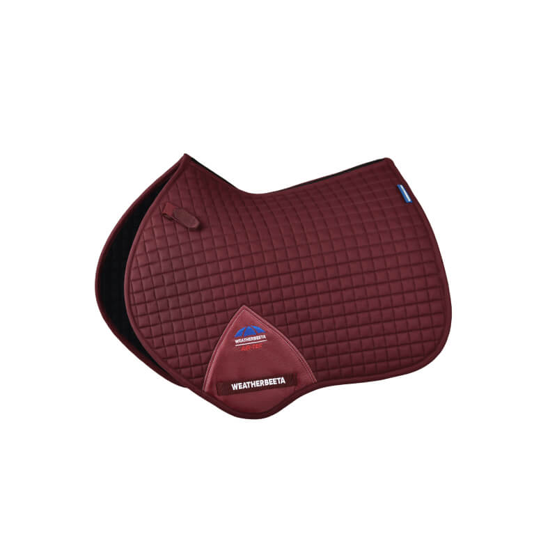 Weatherbeeta Prime Air-Tec Jump Shaped Saddle Pad in Burgundy with logo on white background.