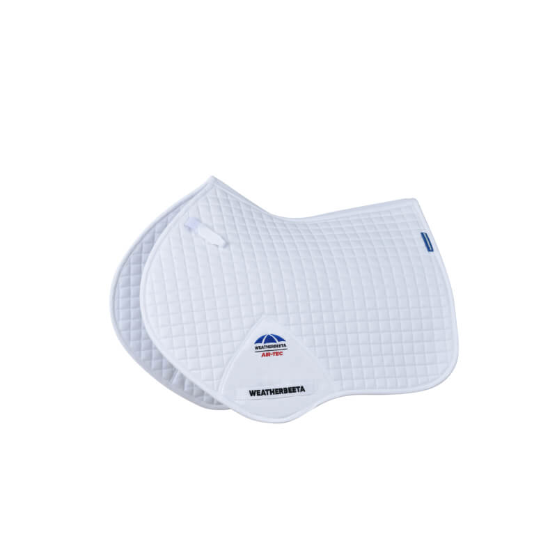 Weatherbeeta Prime Air-Tec Jump Saddle Pad in white with logo and blue label on white background.