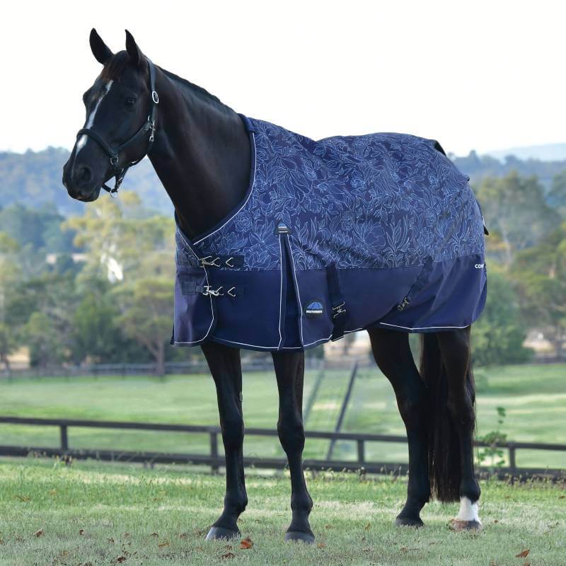 Black horse in a Weatherbeeta floral print turnout rug stands on grass by a fence and trees.