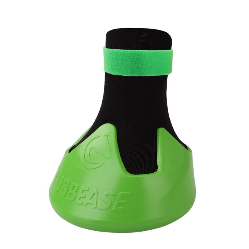 Shoof Tubbease Hoof Sock: a green rubber dog paw protector with black and green sock inside.