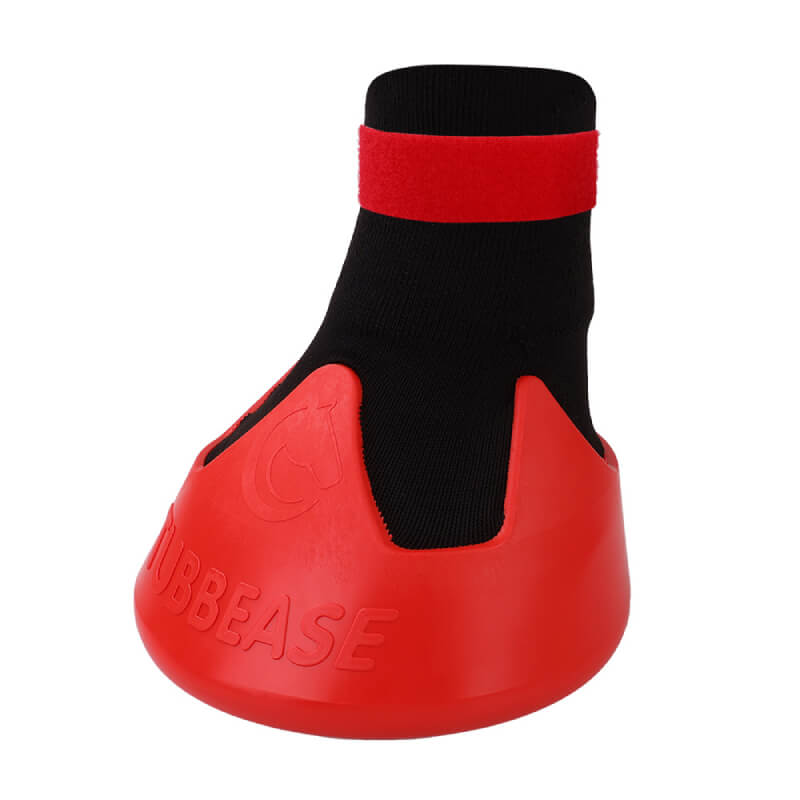 Shoof Tubbease Hoof Sock: red/black boot with rubber cover and Velcro strap for hoof soaking.