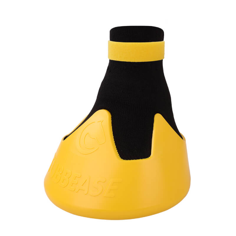Shoof Tubbease Hoof Sock by Shoof, yellow boot with black sock and yellow strap on white background.