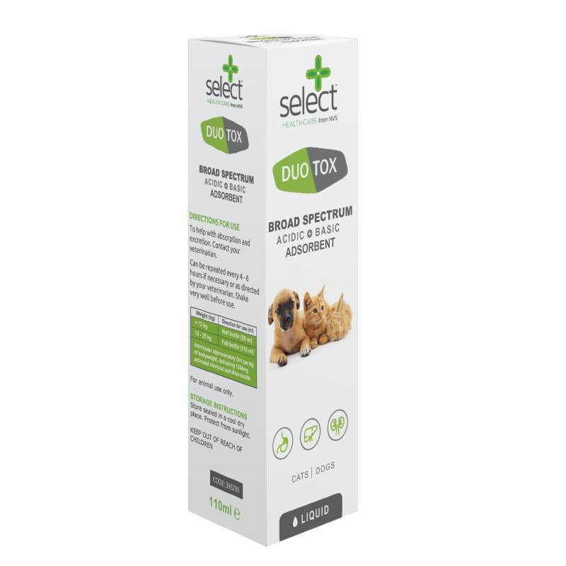 NVS Select Healthcare DuoTox 110ml toxin binder for cats and dogs, with animal graphics.