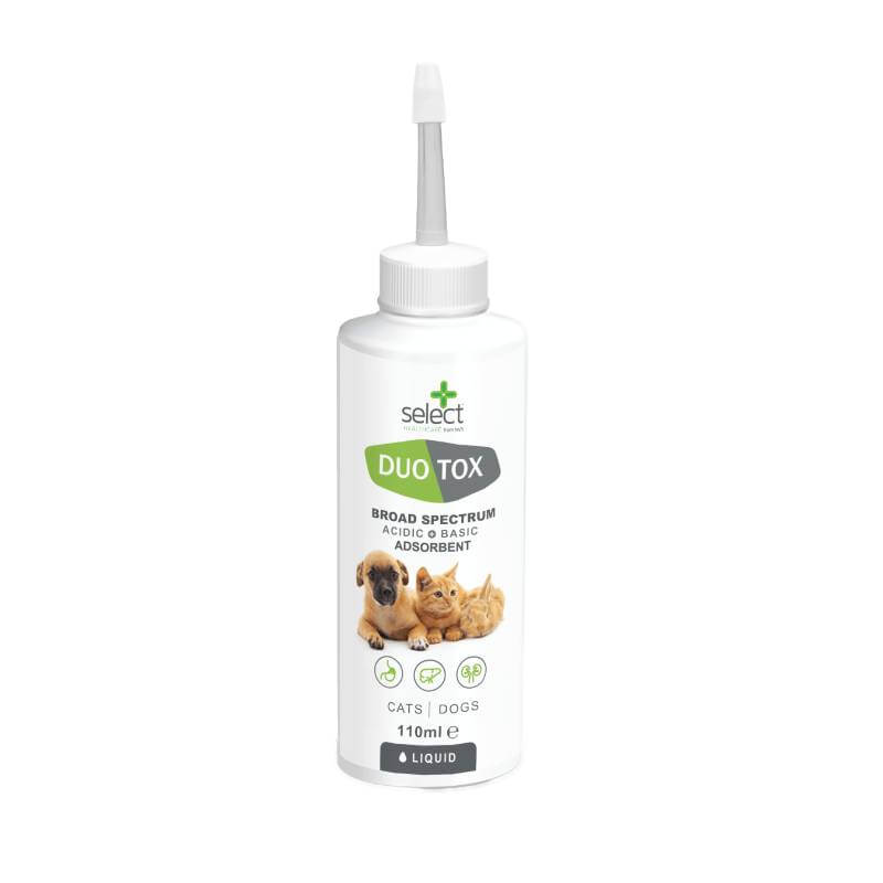 NVS DuoTox Dual Action 110ml liquid for gut health; features puppy and kitten on white bottle.