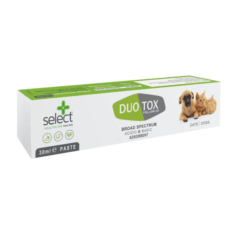 NVS Select Healthcare DuoTox Dual Action Toxin Binder Paste for cats &amp; dogs, puppy &amp; kitten on box.