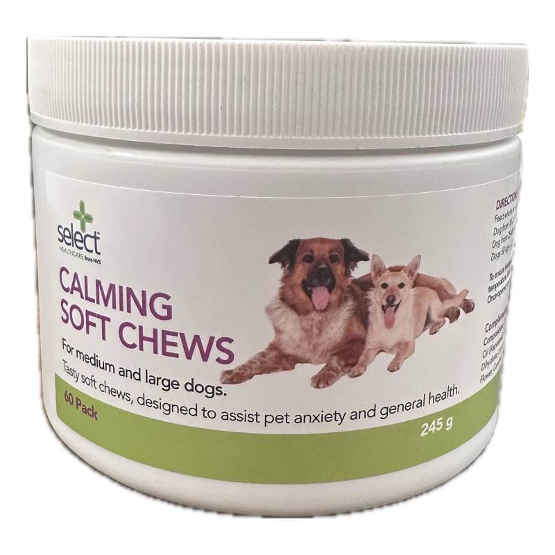 NVS Select Healthcare Calming Soft Chews, 245g, for medium/large dogs’ anxiety relief.