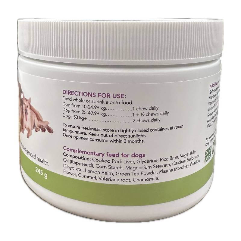 NVS Select Healthcare Calming Soft Chews for Medium & Large Dogs in a white tub with directions.