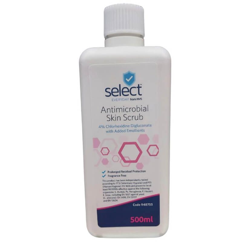 NVS Select Antimicrobial Skin Scrub, Chlorhexidine 4%, 500ml white bottle.