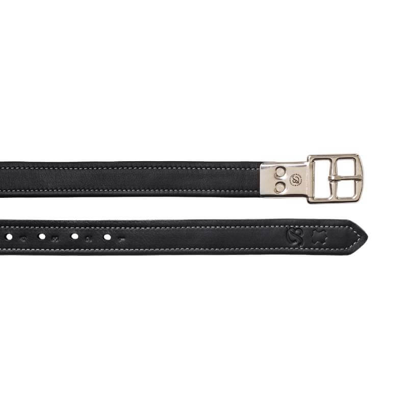Bates Stirrup Leathers in Luxe Leather Classic Black, laid flat with white stitching and silver buckle.