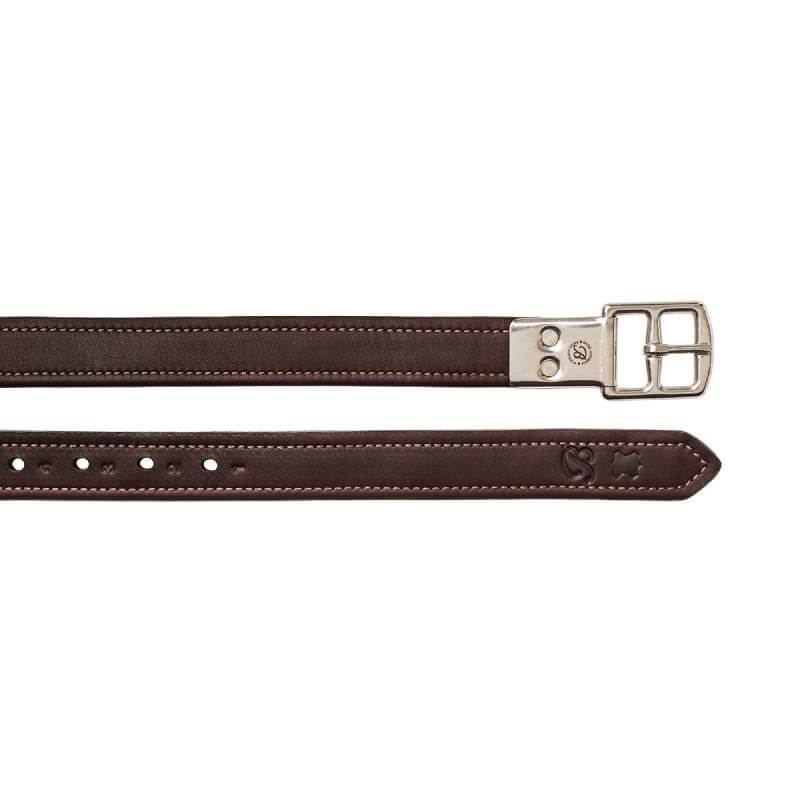 Bates Stirrup Leathers in Luxe Leather Classic Brown, shown from top and bottom views.