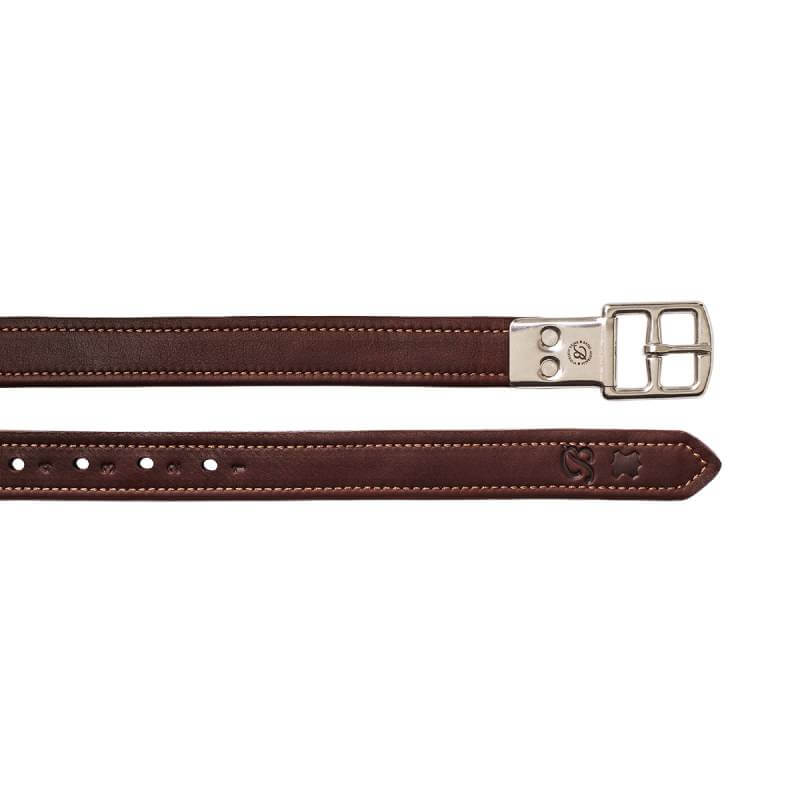 Bates Stirrup Leathers in Luxe Leather Havana Brown with silver buckle and detailed stitching.
