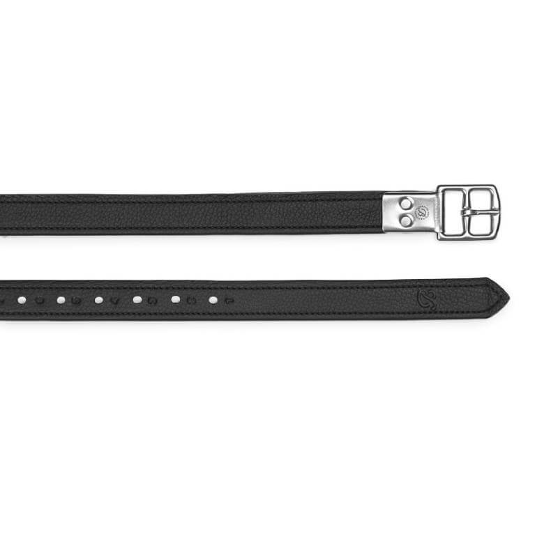 Bates Stirrup Leathers Classic Black, shown laid flat with a silver buckle.