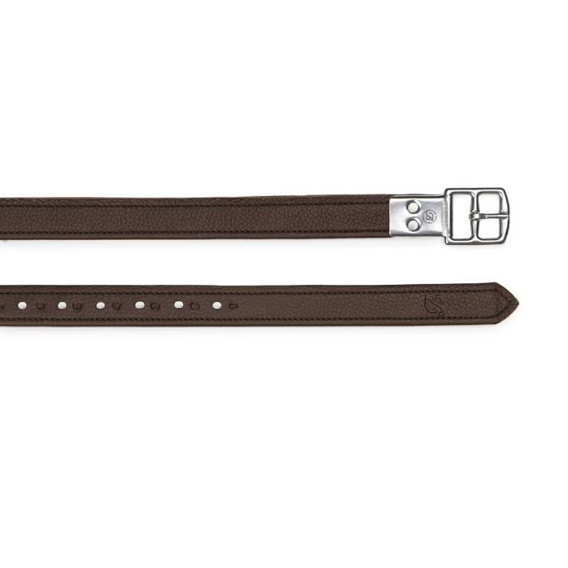 Two Bates Stirrup Leathers Classic Brown with silver buckles and multiple holes on white background.