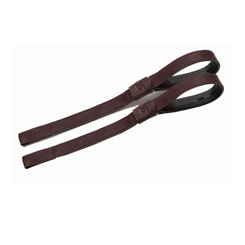 A pair of Bates Webbers Classic Brown bag handles with stitching and rounded ends.