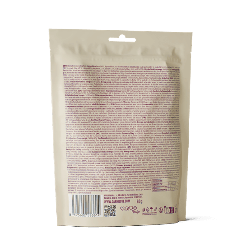 Back of Carnilove Freeze-Dried Dog Treats Lamb 60g package with text, barcode, and symbols.