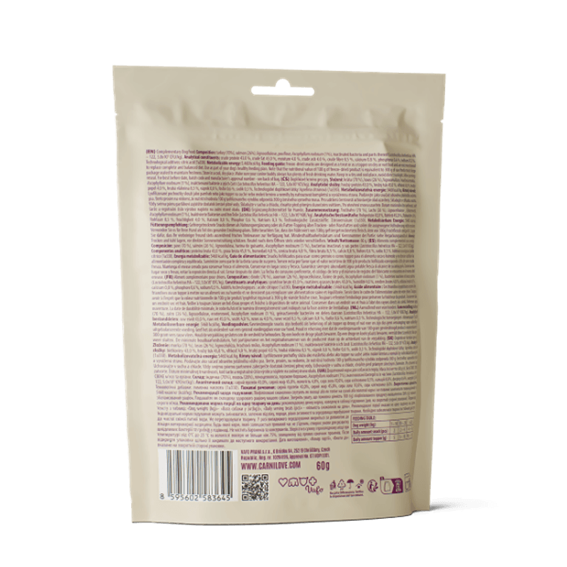 Back of Carnilove Freeze-Dried Turkey &amp; Salmon Treats for Adult Dogs 10x60g pouch with barcode.