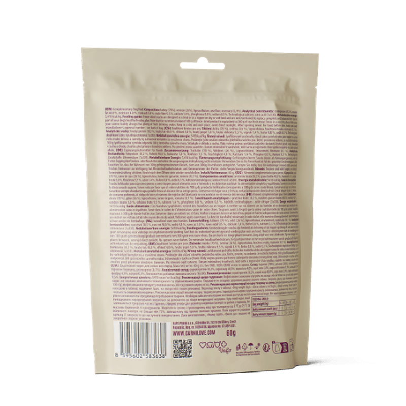 Carnilove Freeze-Dried Turkey & Venison Treats for Adult Dogs, 10x60g, beige & pink pack.