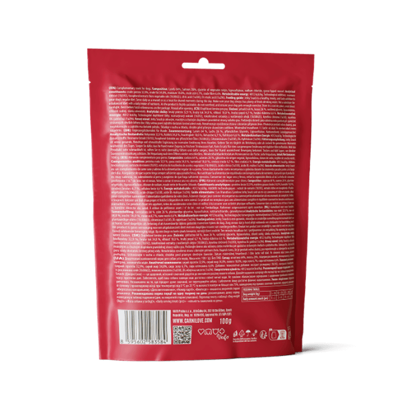 Carnilove Jerky Lamb & Salmon Fillet Dog Treats 100g bag with dog illustration and details.
