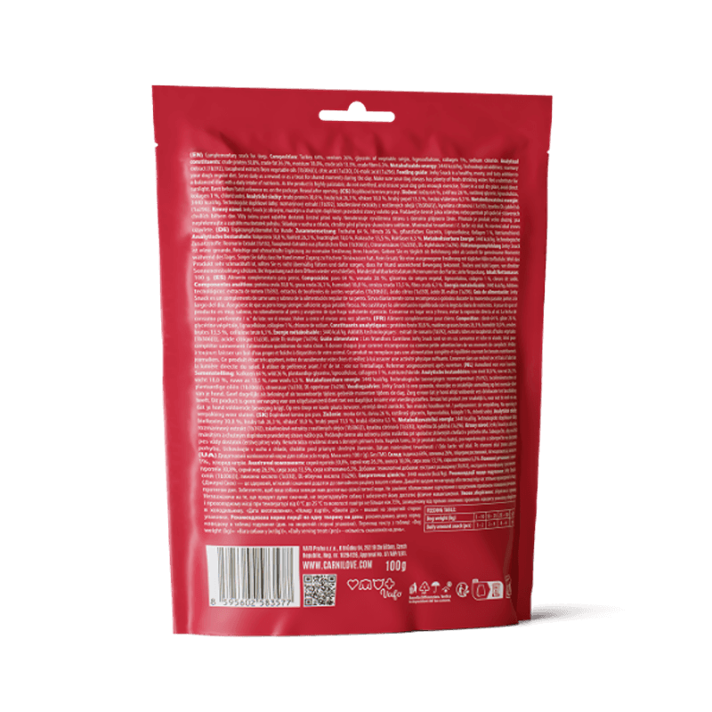 Carnilove Jerky Turkey & Venison Dog Treat 12x100g for adult dogs with dog illustration.