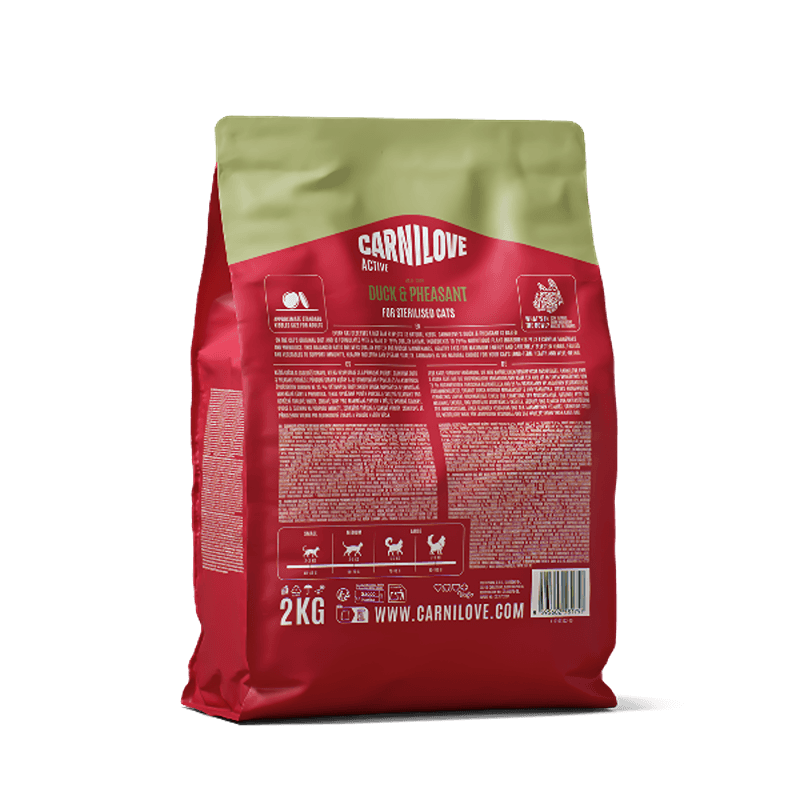 Carnilove Active Duck & Pheasant Cat Food for sterilised cats in red & green bag.
