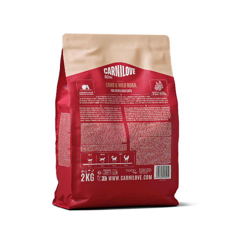 Carnilove Active Lamb & Wild Boar Cat Food—grain-free food for active adult cats.