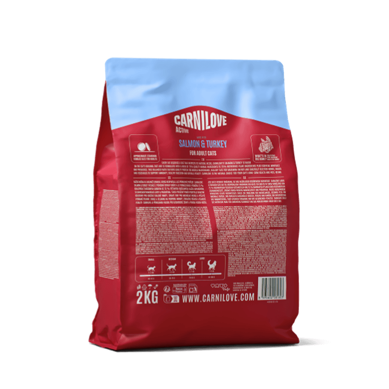 Carnilove Active Salmon & Turkey Cat Food for adult cats, grain-free formula.