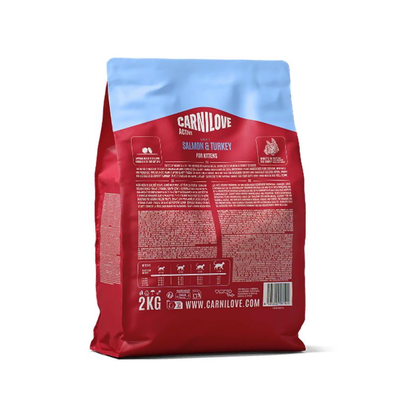Carnilove Active Salmon & Turkey Kitten Food, grain-free, with kitten image on top.