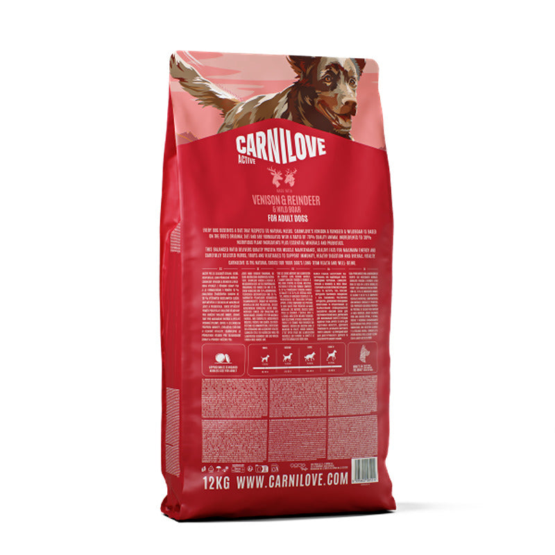 Carnilove Active Venison, Reindeer & Wild Boar Dog Food in red bag with illustrated dog.
