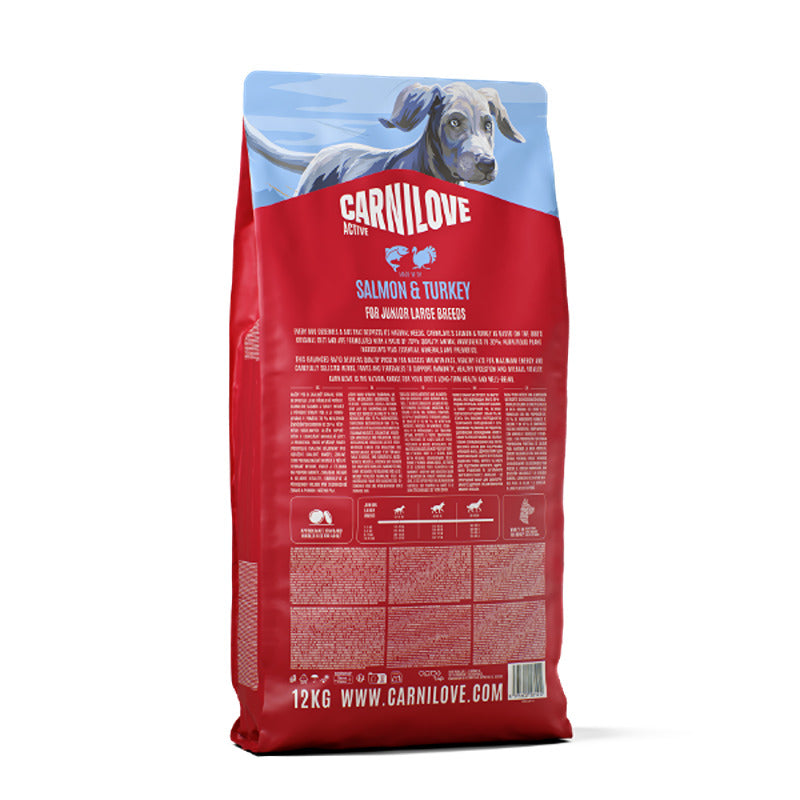 Carnilove Active Salmon & Turkey Junior Large Breed Dog Food, balanced grain-free nutrition.