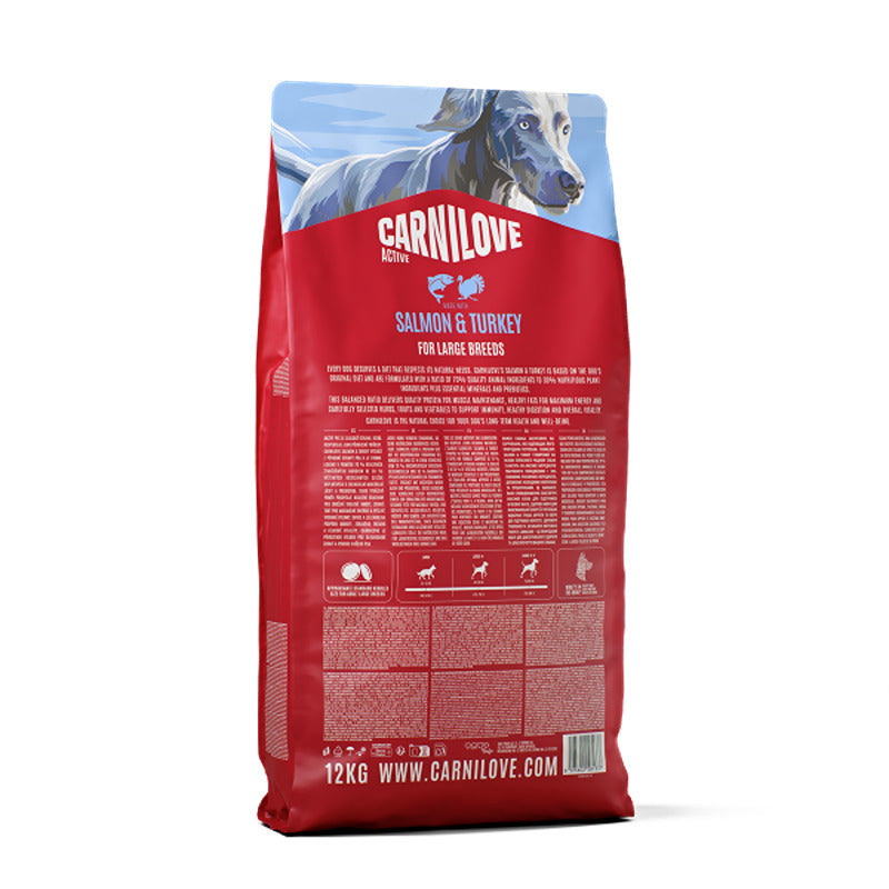 Carnilove Active Salmon & Turkey Large Breed Dog Food, grain-free, 12kg red bag.