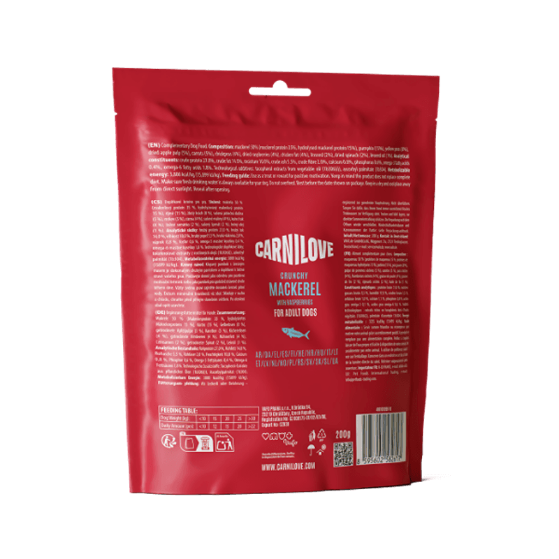 Back of red Carnilove Mackerel with Raspberries Crunchy Dog Treat 8x200g bag shown.