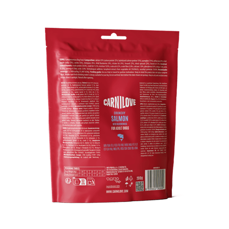 Back of Carnilove Salmon with Blueberries Dog Treats 200g, crunchy, grain-free dog treats.