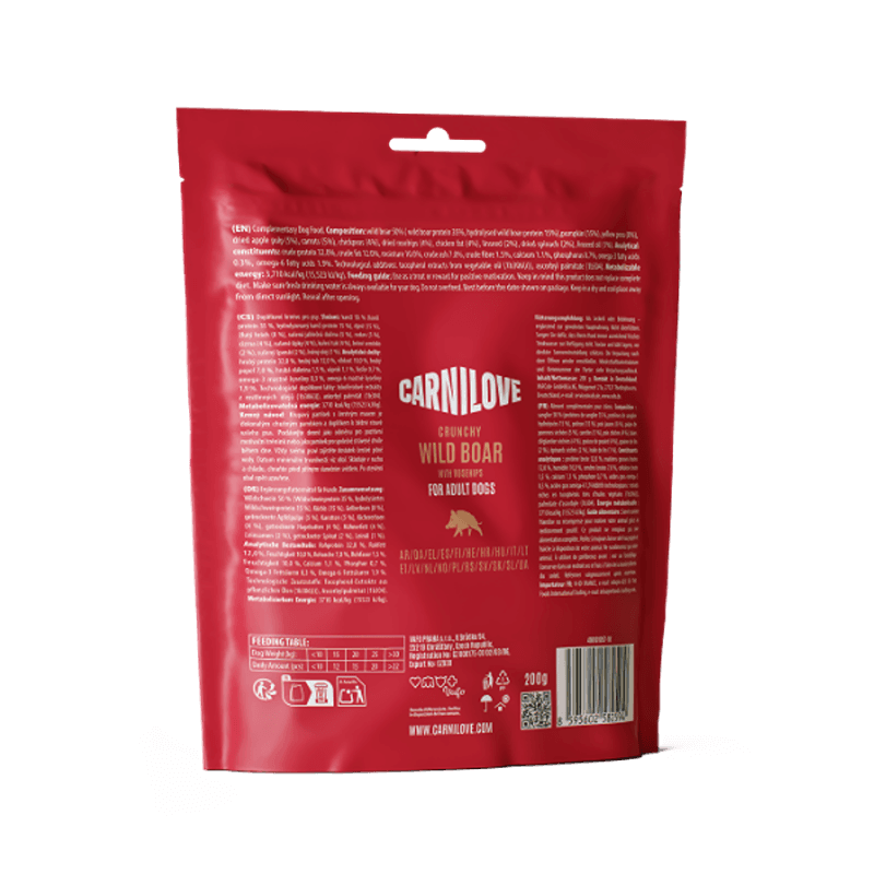 Back view of Carnilove Wild Boar with Rosehips Dog Treats 200g bag, featuring product text.