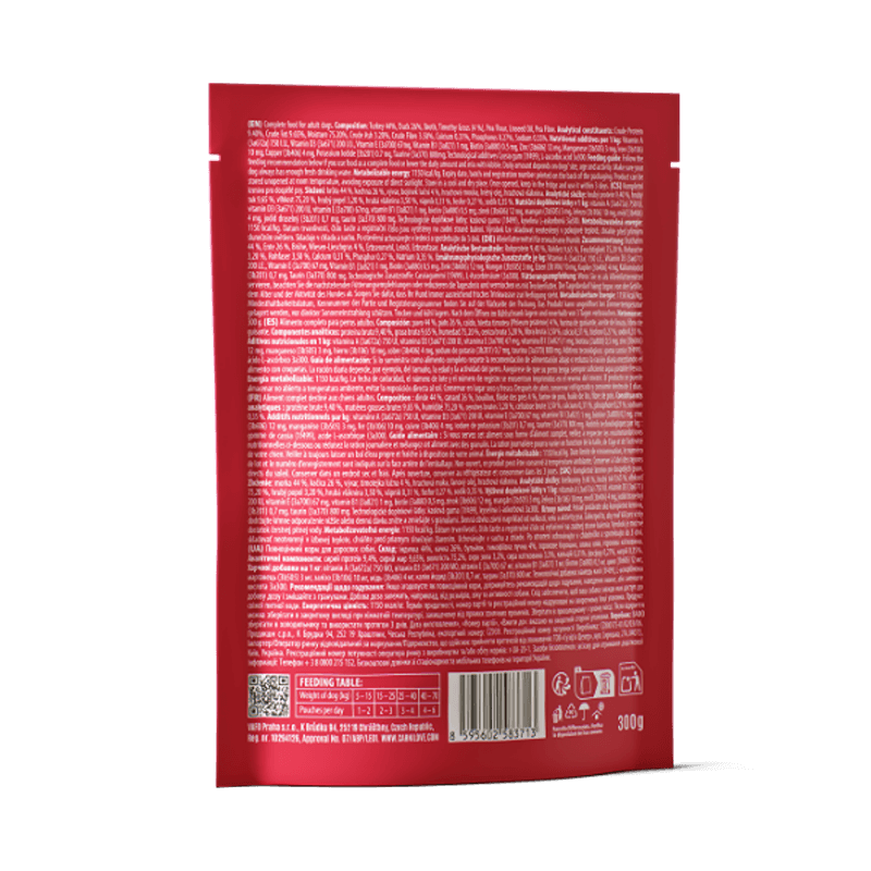 Carnilove Turkey & Duck with Timothy Grass Dog Food Pouch 300g with a running dog on pack.