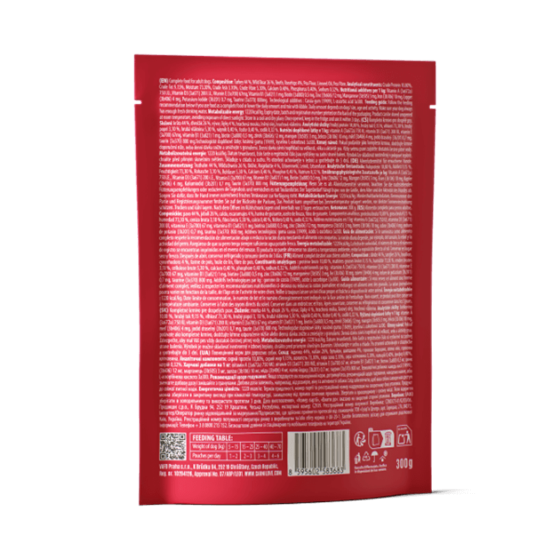 Back of Carnilove Turkey &amp; Wildboar Dog Food Pouch 300g with white text, barcode, and instructions.