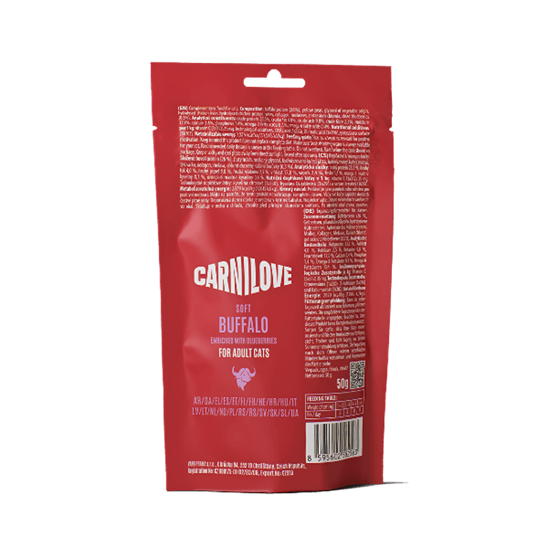 Carnilove Buffalo with Blueberries Cat Treats 12x50g; soft, grain-free, info on pack.