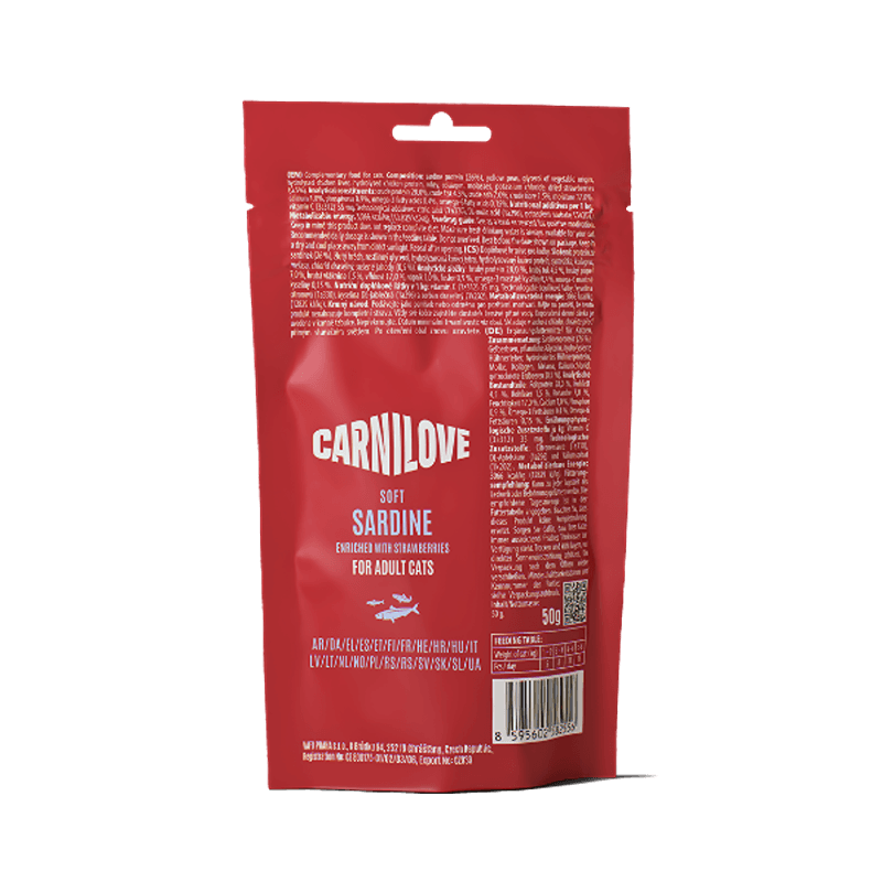 Carnilove Sardine with Strawberry Cat Treats 12x50g, grain-free treats for adult cats.