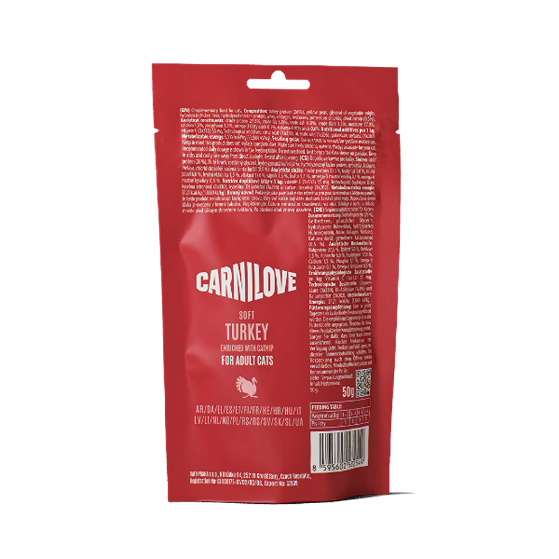 Back of Carnilove Turkey with Catnip Cat Treats 12x50g pouch, showing details and text.