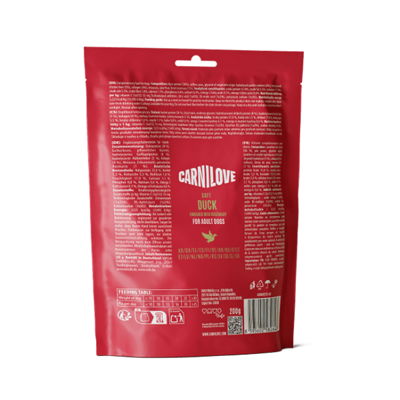 Carnilove Duck with Rosemary Dog Treats 200g bag, back showing text and grain free info.