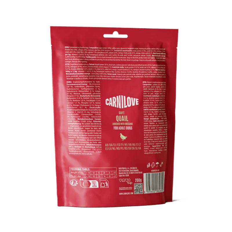 Back of Carnilove Quail with Oregano Dog Treats 200g; grain free soft dog treats.