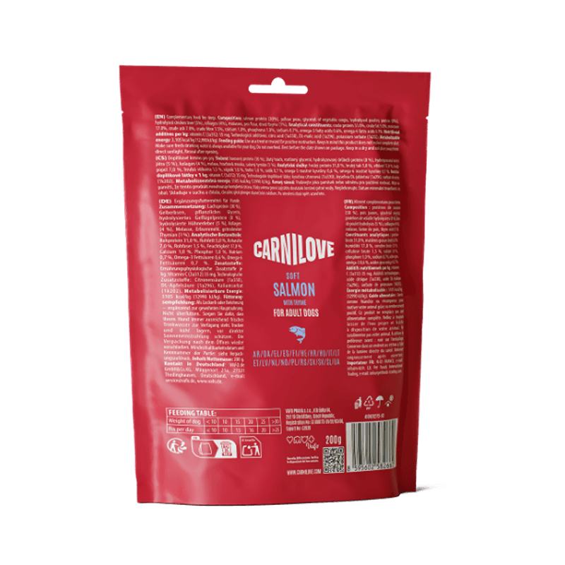 Carnilove Salmon with Thyme Small Bite Dog Treats 200g bag, back view shown.