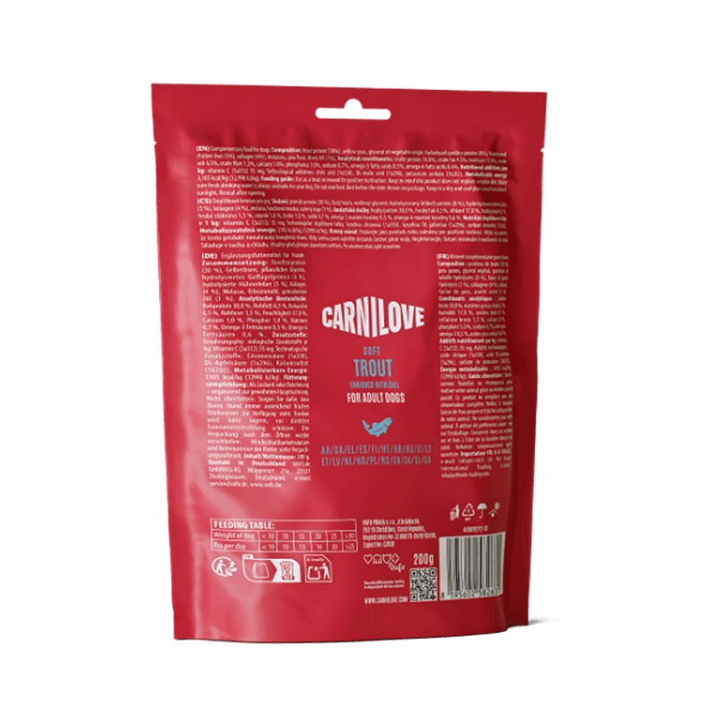Back of a red Carnilove Trout with Dill Dog Treats 200g pouch; white text, barcode, grain-free.