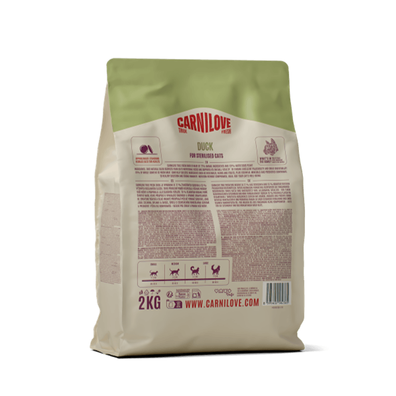 Carnilove True Fresh Duck Cat Food, 2kg, for sterilised adult cats, green &amp; beige pack.